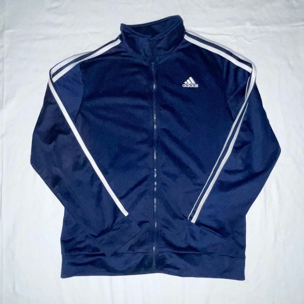 Adidas Men's Dark Blue Windbreaker with White Stripes
